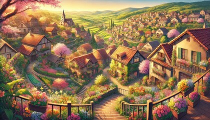 Fototapeta premium 色とりどりの花に囲まれた家々が並ぶ、春の美しい村の風景。太陽の光が温かく照らし、のどかで穏やかな雰囲気が漂っています。豊かな自然と伝統的な建物が調和する、幸福感あふれるシーンです。