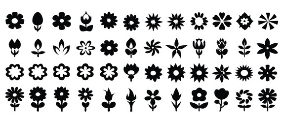 Naklejka premium Simple Flower Icons in SVG Black Silhouettes, Featuring Minimalist Floral Shapes on a White Background, Perfect for Graphic Design and Digital Projects