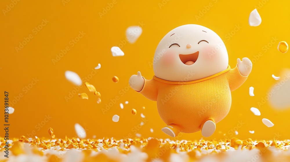 Poster chubby cartoon character in a sport outfit jogging energetically on a bright color background in 3d 
