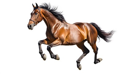Fototapeta premium Bay stallion run gallop isolated on white. 