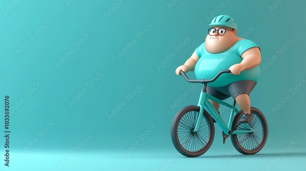 Poster 3d-rendered cartoon of a chubby individual cycling on a bold color background stock photo with side 