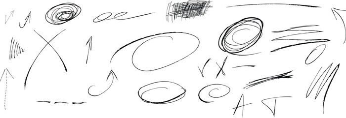 Scratches, pen lines, scribbles from pencil, vector. Scratch texture, sketch, brush stroke. Hand drawn scratches, strokes, lines, arrows, scribbles from pencil, circles.  Vector illustration.  © Oswald