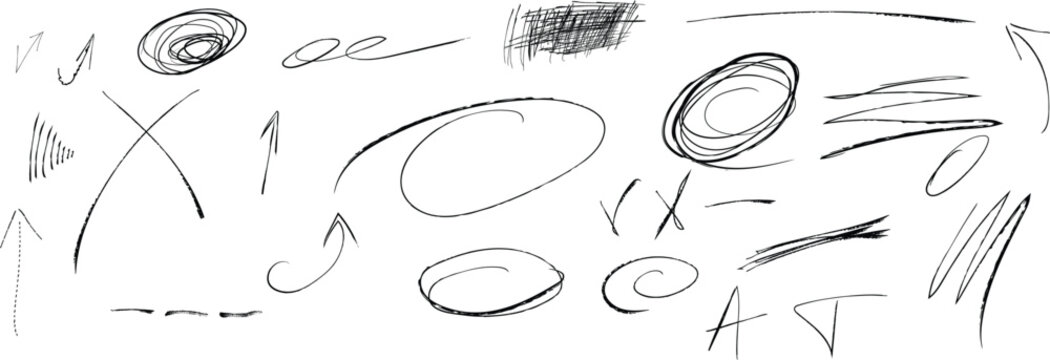 Scratches, pen lines, scribbles from pencil, vector. Scratch texture, sketch, brush stroke. Hand drawn scratches, strokes, lines, arrows, scribbles from pencil, circles.  Vector illustration. 