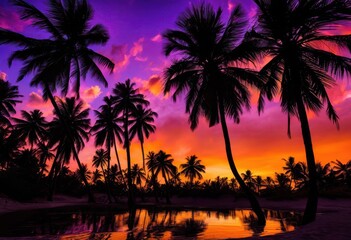 vibrant palm trees silhouetted breathtaking sunset skyline striking colors natural beauty, landscape, nature, clouds, horizon, dusk, colorful, evening