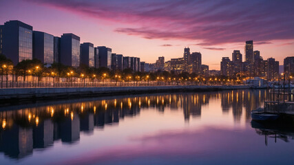 Fototapeta premium Skyline at dusk with shimmering reflections and vibrant hues over the peaceful waterfront cityscape.