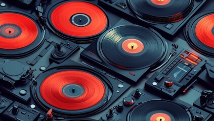 vinyl records and classic record players, arranged in an elaborate pattern with a muted color palette. The background is filled with various types of turntables