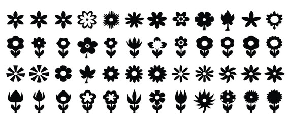 Simple Flower Icons in SVG Black Silhouettes, Featuring Minimalist Floral Shapes on a White Background, Perfect for Graphic Design and Digital Projects