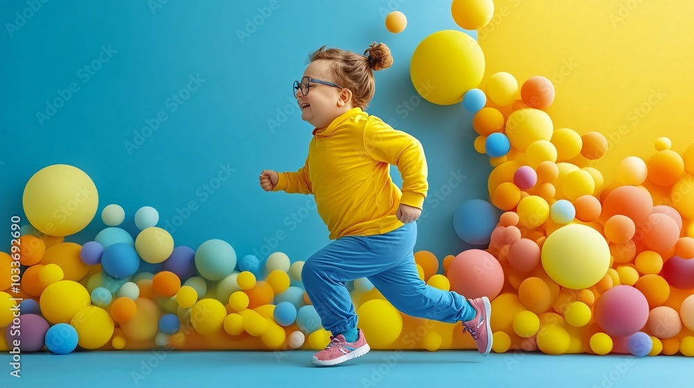 Poster cartoon-style chubby person jogging energetically in a colorful 3d world stock photo with side copy 