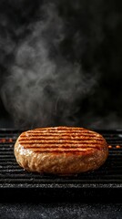 Grilled plant-based burger with visible grill marks, steam rising, [burger, grill, plant-based], [vegan cuisine]