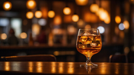 Elegant glass of whiskey with ice on a wooden bar in warm ambient lighting, capturing a serene moment.