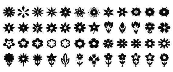 Simple Flower Icons in SVG Black Silhouettes, Featuring Minimalist Floral Shapes on a White Background, Perfect for Graphic Design and Digital Projects