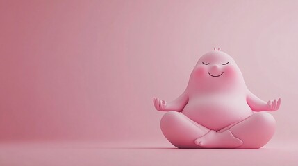 3D-rendered chubby cartoon character practicing yoga poses on a vibrant surface Stock Photo with side copy space
