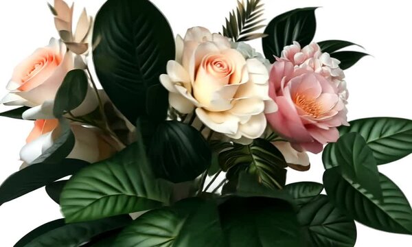 Watercolor floral bouquet with pink roses and hydrangeas, green tropical leaves isolated on white background.