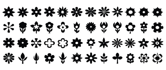 Simple Flower Icons in SVG Black Silhouettes, Featuring Minimalist Floral Shapes on a White Background, Perfect for Graphic Design and Digital Projects
