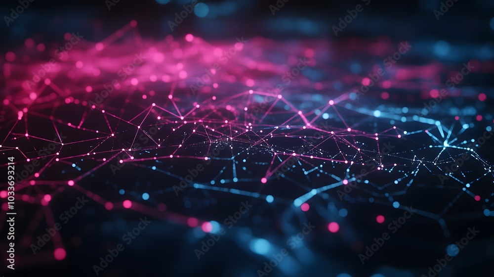 Poster abstract network of interconnected nodes with glowing lines in pink and blue
