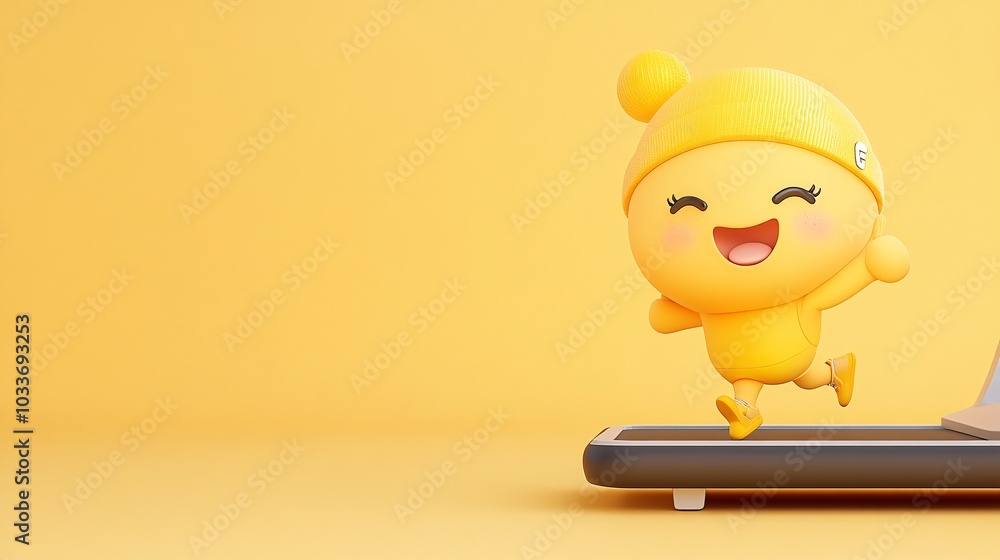 Poster cartoon-style chubby character in athletic wear jogging on a treadmill in a bright 3d world stock ph