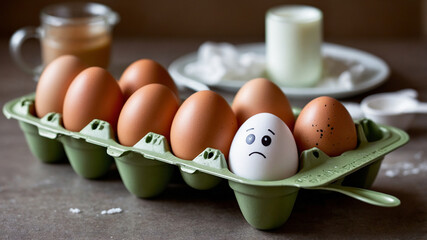 Egg carton with expressive egg amid nine others, displaying a face with eyes and a sad expression.