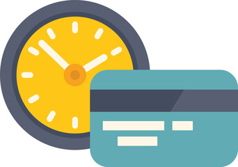 Credit card and clock measuring time for payment, concept of payment deadline or credit card debt, flat vector icon