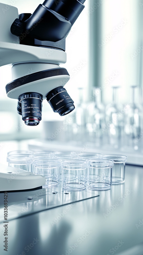Aufkleber microscope and petri dishes arranged on a sterile lab bench used for cutting-edge medical research a