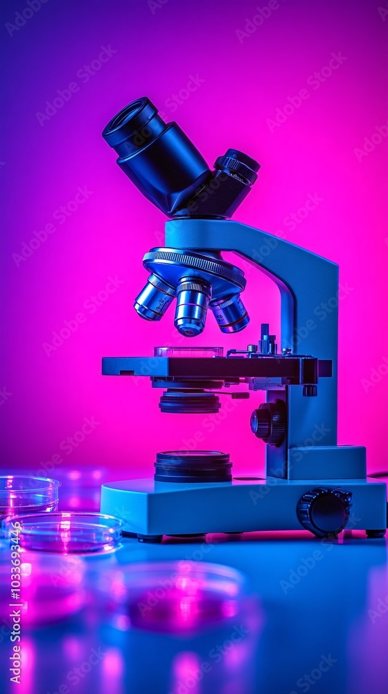 Poster microscope and petri dishes arranged on a sterile lab bench used for cutting-edge medical research a