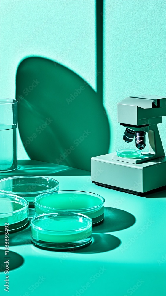 Poster microscope and petri dishes arranged on a sterile lab bench used for cutting-edge medical research a