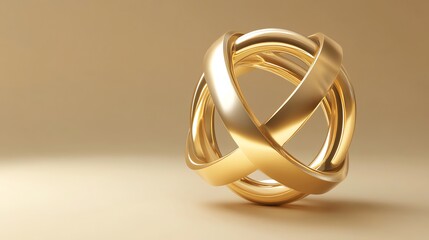 A 3D rendering of a golden sphere formed of intersecting rings on a gold background.