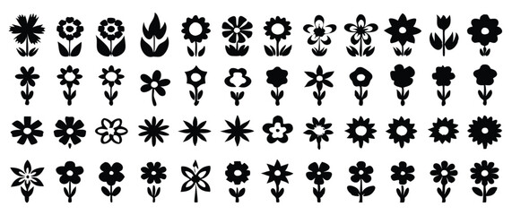 Simple Flower Icons in SVG Black Silhouettes, Featuring Minimalist Floral Shapes on a White Background, Perfect for Graphic Design and Digital Projects