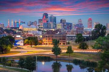 Kansas City, Missouri, USA. Aerial cityscape image of Kansas City skyline at twilight blue hour.