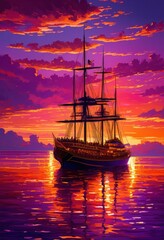 Fototapeta premium vibrant ship deck placed breathtaking sunset brilliant reflections illuminating surrounding waves enhancing atmosphere, water, ocean, color, light, sky