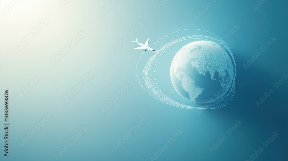 Poster An airplane takes off from a stylized globe, leaving a trail, capturing the essence of global adventure and exploration. Generative AI