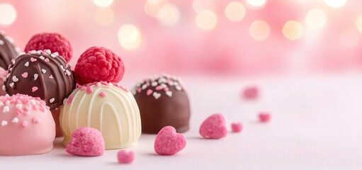 Valentine candy with raspberry on a pink background. Copy space for text. For Valentine's day, birthday, anniversary, wedding, design, banner, shoop, etsy, linkedin. social media, cover, menu, cafe 