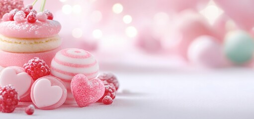 Valentine' sweets with raspberry on a pink background. Copy space for text. For February 14, birthday, anniversary, wedding, design, banner, shoop, etsy, linkedin. social media, cover, menu, cafe 