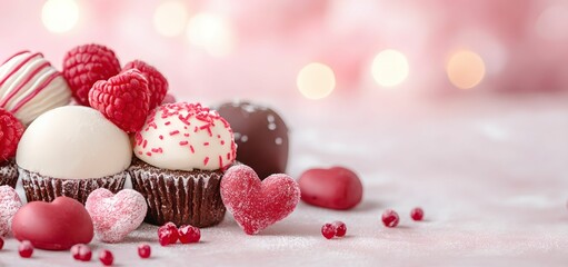 Valentine cupcake with raspberry on a pink background. Copy space for text. For Valentine's day, birthday, anniversary, wedding, design, banner, shoop, etsy, linkedin. social media, cover, menu, cafe 