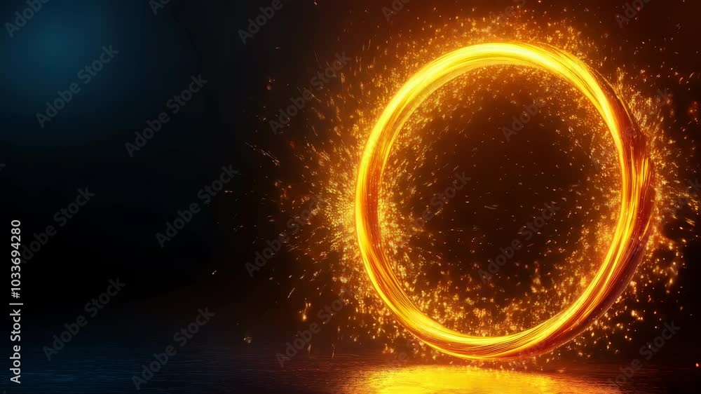 Poster glowing orange ring of light surrounded by sparkling particles creates mesmerizing visual effect aga
