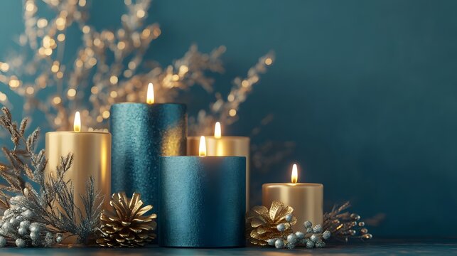 Blue and Gold festive candles glowing in a holiday room