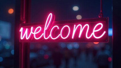 Neon welcome sign glowing in dark street scene. Urban welcome sign with glowing pink neon effect.