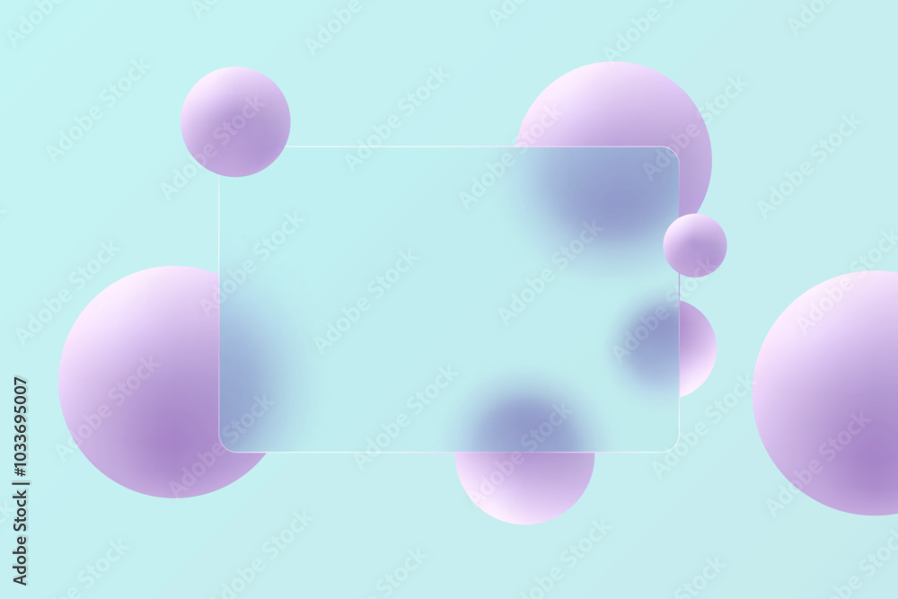 Poster glass morphism website landing page template. frosted glass partition with floating 3d spheres.