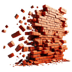 Exploding Red Brick Wall with Debris in Mid-Air on an Isolated Background, PNG