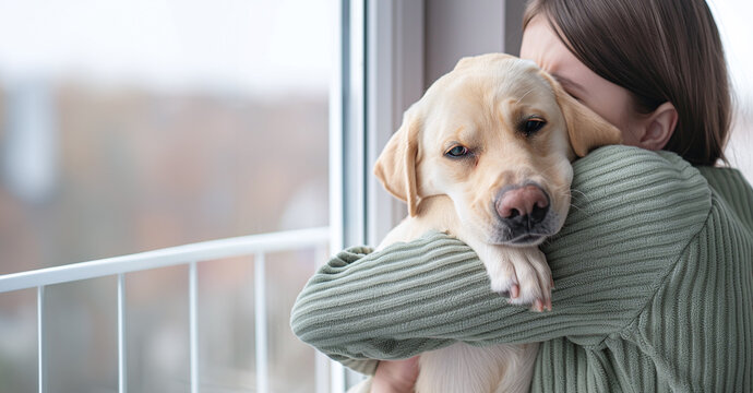 The owner hugging their dog during a thunderstorm