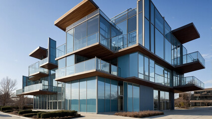 Fototapeta premium Contemporary glass building with wooden accents under clear blue sky showcasing modern architecture.
