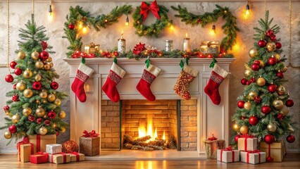 festive fireplace mantel adorned with garlands, stockings, and holiday-themed decor.