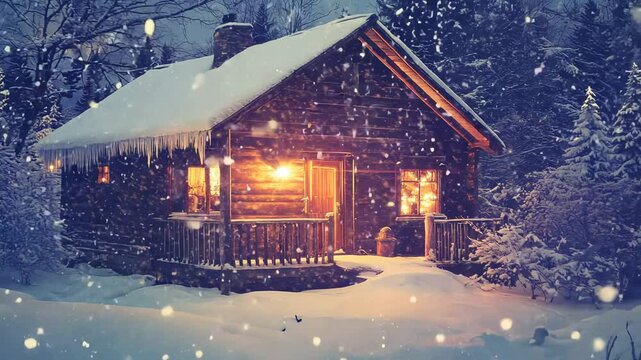 Cozy winter scene of wooden cabin surrounded by snowy woods with warm light from window and falling snow