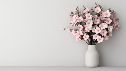 Naklejka premium A beautiful arrangement of pink flowers in a simple white vase, set against a light gray wall, adding a touch of elegance and freshness to any interior space.