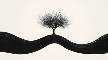 A minimalist design featuring the silhouette of a tree, cleverly formed by the negative space between two flowing shapes, leaving the background empty.