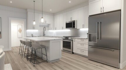 Fototapeta premium A sleek kitchen featuring white cabinets, recycled glass countertops