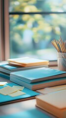 A desk with various items, such as notepads and Post-it notes in light blue, yellow, and beige colors, neatly arranged on it