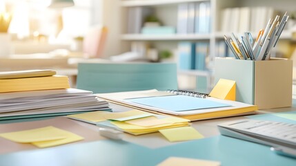 A desk with various items, such as notepads and Post-it notes in light blue, yellow, and beige colors, neatly arranged on it