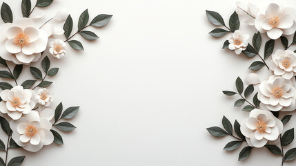 Elegant floral arrangement featuring soft white flowers and lush green leaves on a subtle white background, perfect for spring themes and nature-inspired designs.