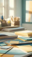 A desk with various items, such as notepads and Post-it notes in light blue, yellow, and beige colors, neatly arranged on it