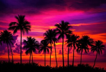 striking exotic palm silhouettes glowing eye catching vibrant sunset sky rich hues dramatic color gradients, tree, colors, floral, tropical, evening